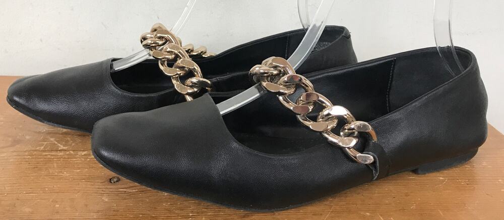 Steve Madden Queenie Black Leather Chunky Gold Chain Square Toed Flats 8.5 39